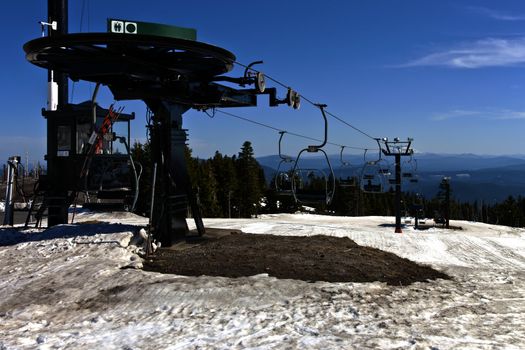 Mechanical skii lifts and guard booth idle on Mt. Hood Oregon.
