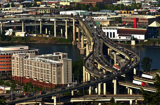 Rush hour traffic on the freeways in Portland Oregon.