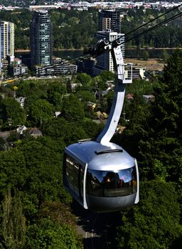 An aerial tram transporting people to and from the hilltop in Portland Oregon.