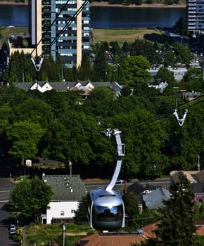 An aerial tram transporting people to and from the hilltop in Portland Oregon.