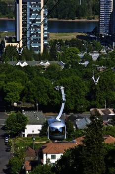 An aerial tram transporting people to and from the hilltop in Portland Oregon.