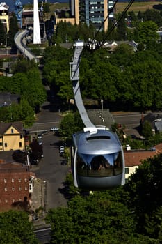 An aerial tram transporting people to and from the hilltop in Portland Oregon.