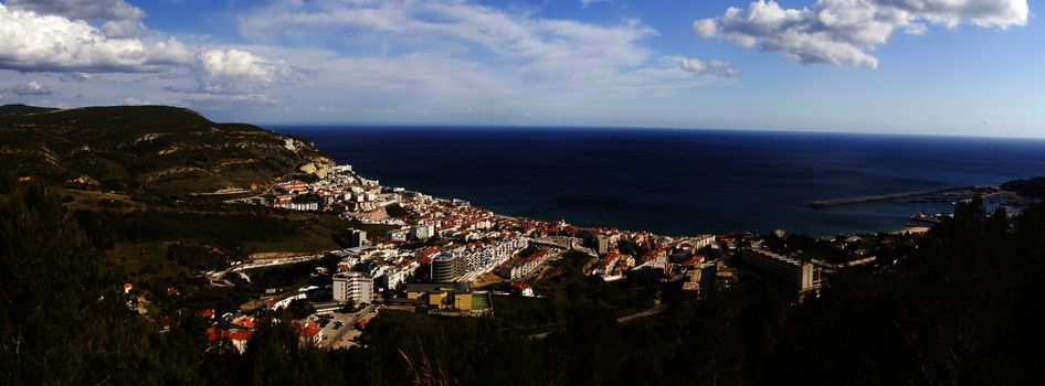 View of the beautiful coastal fishing town Sesimbra, Portugal.