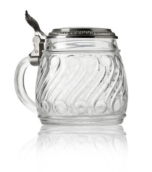  glass tankard with metallic cap in white background. With clipping path