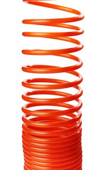 Orange red thin spiral air hose used for pneumatic tools. 