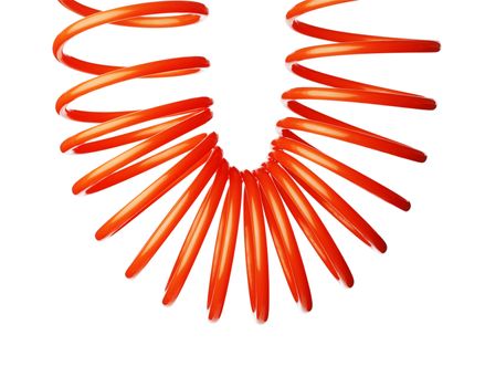 Orange red thin spiral air hose used for pneumatic tools.