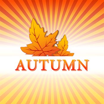 abstract illustration with text autumn and drawn fall leaves over yellow orange red gradient rays