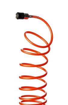 Orange red thin spiral air hose used for pneumatic tools. 