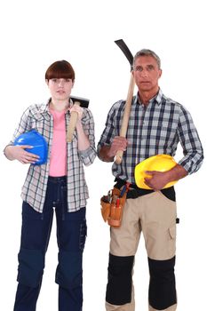 two construction workers posing together