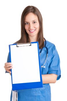 Young female doctor with a pad  and a stethoscope, isolated in white