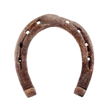 Old rusty and worn horseshoe isolated on white.