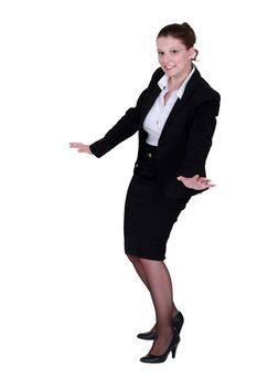 full-body portrait of businesswoman as if surfing