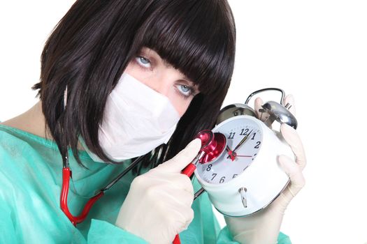 Female surgeon with clock