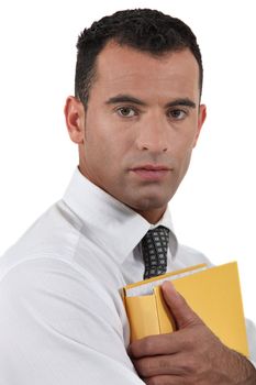 Businessman protective of document