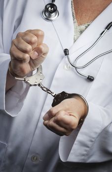 Female Doctor or Nurse In Handcuffs Wearing Lab Coat and Stethoscope.