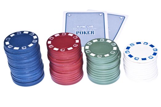 Isolated cards with poker chips 