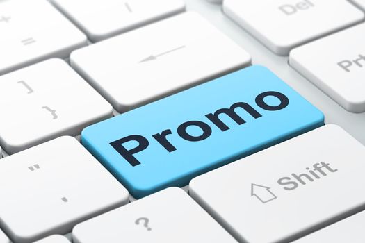 Advertising concept: computer keyboard with word Promo, selected focus on enter button, 3d render