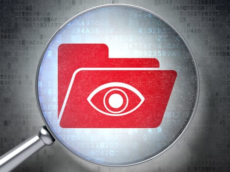 Magnifying optical glass with Folder icon on digital background, 3d render