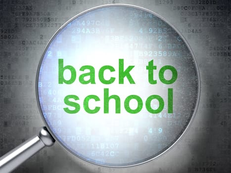 Magnifying optical glass with words Back to School on digital background, 3d render