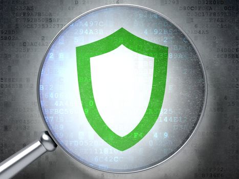 Magnifying optical glass with Contoured Shield icon on digital background, 3d render