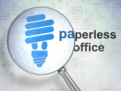 Magnifying optical glass with Energy Saving Lamp icon and "Paperless Office" word on digital background, 3d render