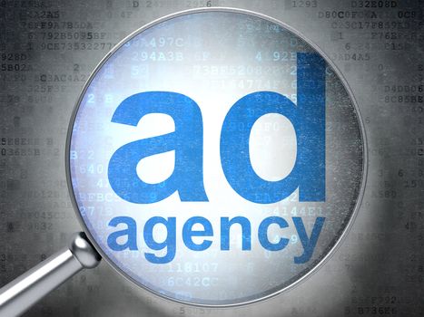 Magnifying optical glass with words Ad Agency on digital background, 3d render