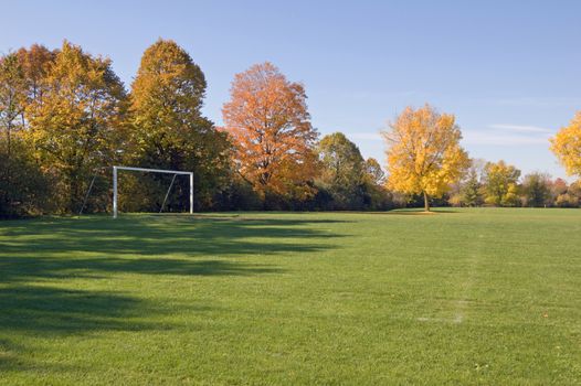 Green grass, soccer goal and colorful trees in one of Toronto park