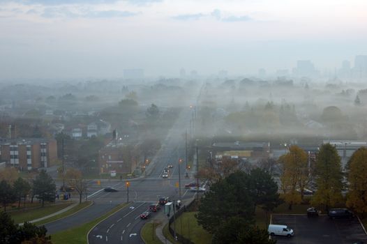 Residential area of Toronto in foggy morning