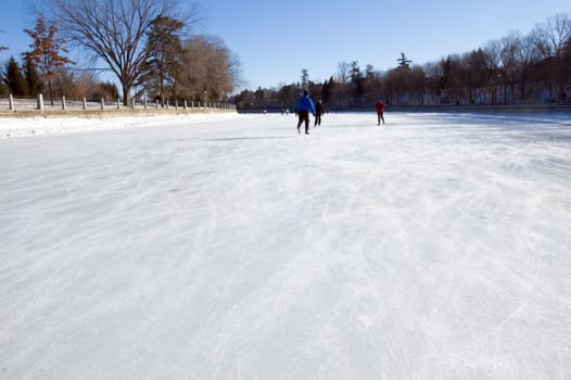 Skaters on ice of Rideau Canal, Ottawa.