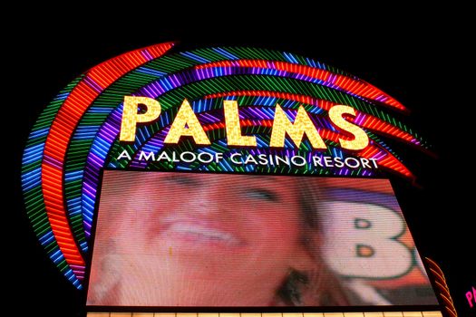 Las Vegas, USA - November 30, 2011: The Palms Resort Casino is a modern styled hotel and casino that opened in 2001 in Las Vegas.  Seen here is the elaborate brightly colored main entrance sign off Flamingo Road.