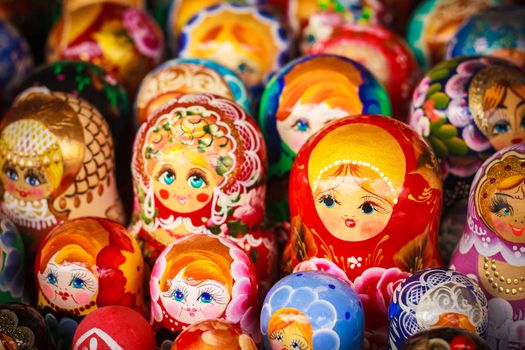 Colorful Russian nesting dolls matreshka at the market. Matrioshka Nesting dolls are the most popular souvenirs from Russia.