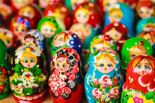 Colorful Russian nesting dolls matreshka at the market. Matrioshka Nesting dolls are the most popular souvenirs from Russia.