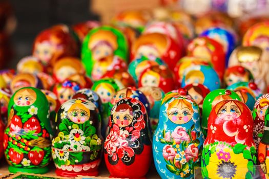 Colorful Russian nesting dolls matreshka at the market. Matrioshka Nesting dolls are the most popular souvenirs from Russia.