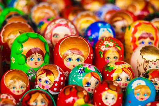 Colorful Russian nesting dolls matreshka at the market. Matrioshka Nesting dolls are the most popular souvenirs from Russia.