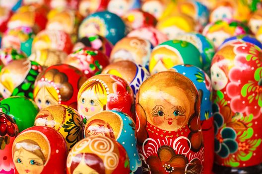 Colorful Russian nesting dolls matreshka at the market. Matrioshka Nesting dolls are the most popular souvenirs from Russia.