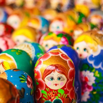Colorful Russian nesting dolls matreshka at the market. Matrioshka Nesting dolls are the most popular souvenirs from Russia.