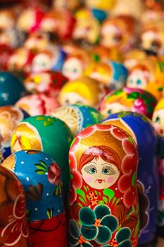 Colorful Russian nesting dolls matreshka at the market. Matrioshka Nesting dolls are the most popular souvenirs from Russia.