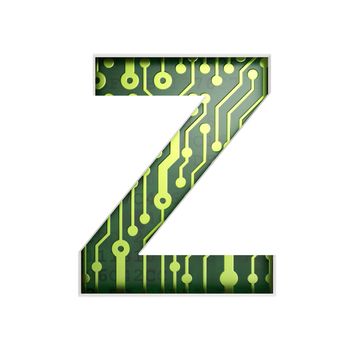 Electric curcuit board letters and numbers collection: Z isolated on white background, 3D render