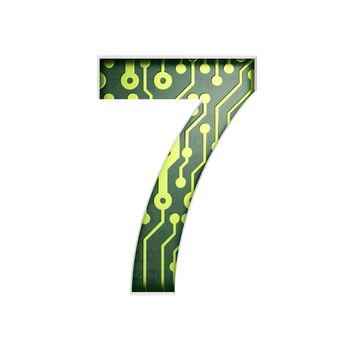 Electric curcuit board letters and numbers collection: 7 isolated on white background, 3D render