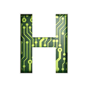 Electric curcuit board letters and numbers collection: H isolated on white background, 3D render