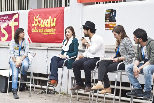 PALERMO APRIL 26- The singer Alessandro Mannarino was invited by UDU Palermo - Union of University Students - to participate in a meeting with students on april 26, 2013 in Palermo, Italy