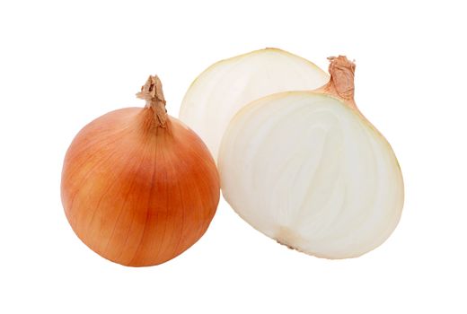 Two white onions, whole and halved, isolated on a white background