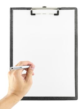 hand with pen writing on clipboard on white background