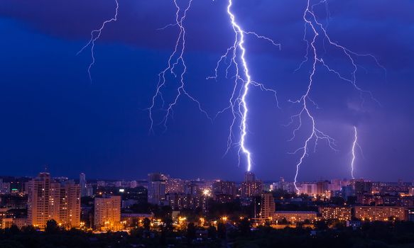 lightning storm over city at night