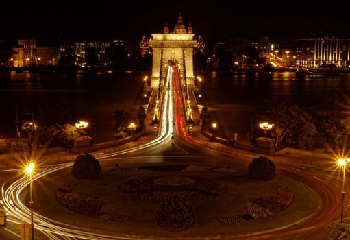 Night image with traffic of the hungarian chain Bridge extremly high donau