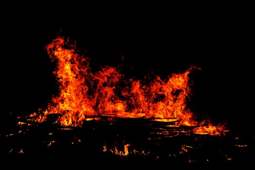 red flames of huge bonfire or campfire as black backgorund