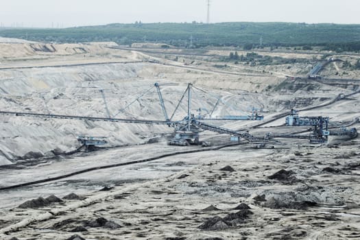 Coal mining in an open pit with huge industrial machine