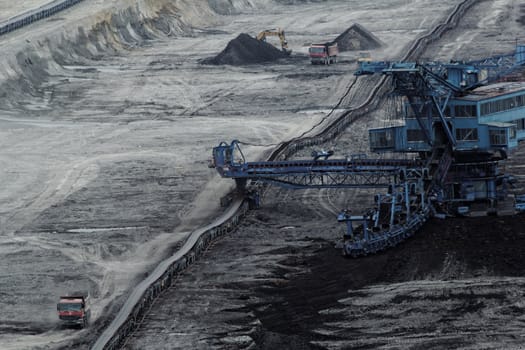 Coal mining in an open pit with huge industrial machine