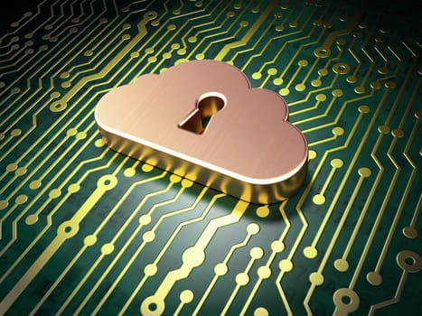 Networking concept: circuit board with Cloud Whis Keyhole icon, 3d render