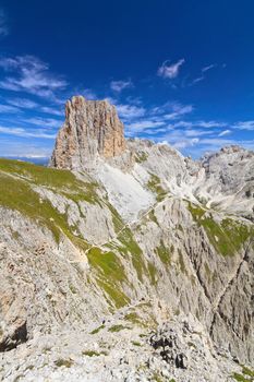 summer landscape of Catinaccio group from Roda di Vael peak, Trentino, Italy